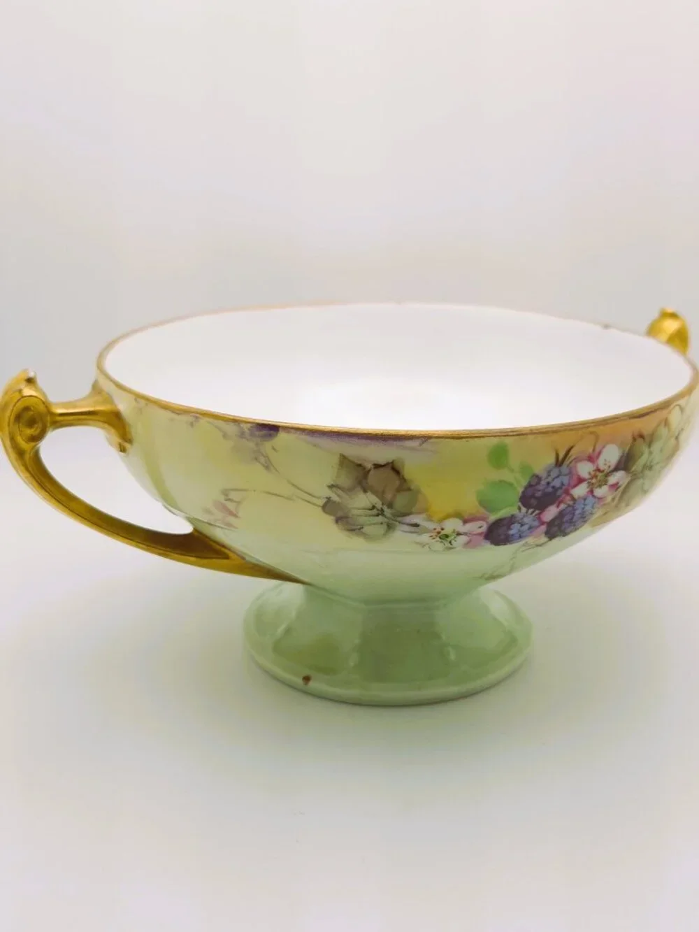 Antique MZ Austria Moritz Zdekauer Blackberry Floral Pedestal Bowl Gold Handles